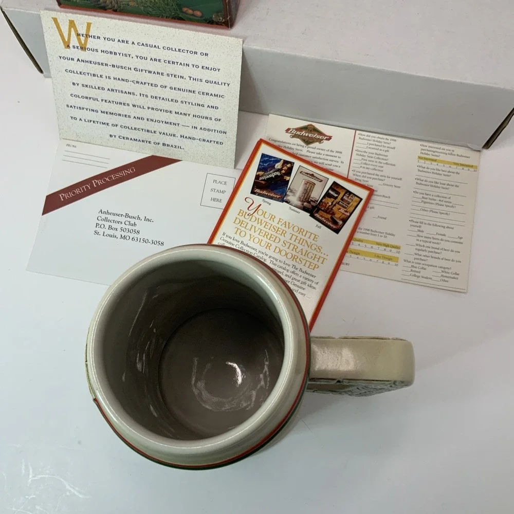 1998 Budweiser Holiday Stein Ceramic BeerMug Collectible Grants Farm Holiday NEW